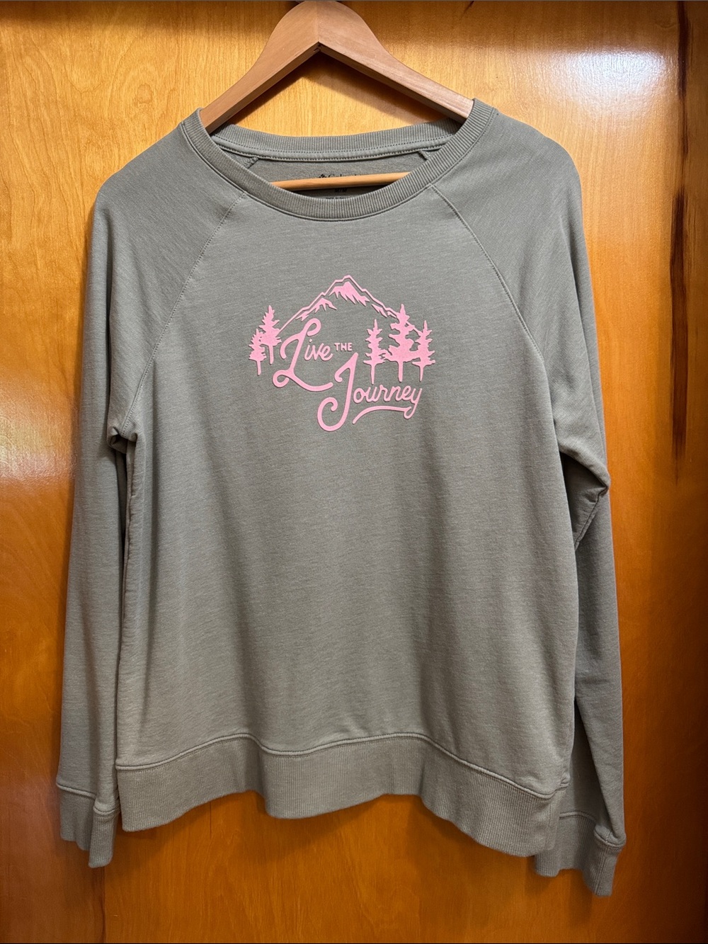 Columbia Olive Green Sweatshirt with Pink Mountain Graphic